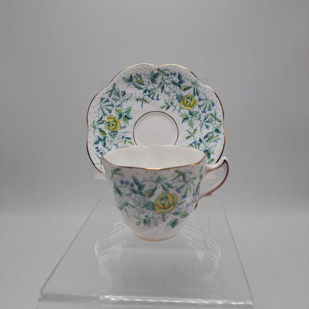 Rosina Bone China Teacup & Saucer Set England Yellow Floral Gold Trim Vintage